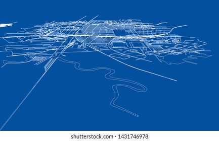 Outline city concept vector. Wire-frame style. The layers of visible and invisible lines. 3D illustration