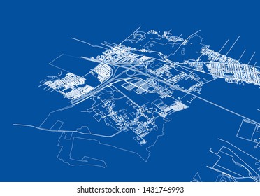 Outline city concept vector. Wire-frame style. The layers of visible and invisible lines. 3D illustration