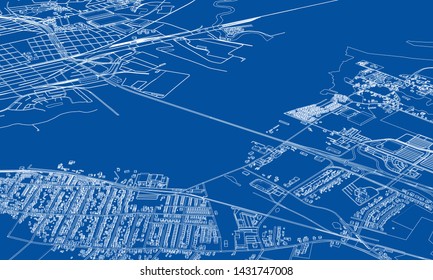 Outline city concept vector. Wire-frame style. The layers of visible and invisible lines. 3D illustration