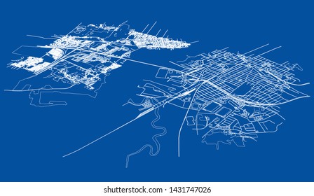 Outline city concept vector. Wire-frame style. The layers of visible and invisible lines. 3D illustration