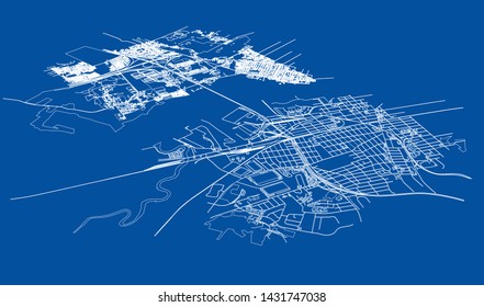 Outline city concept vector. Wire-frame style. The layers of visible and invisible lines. 3D illustration