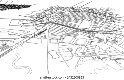 Outline city concept vector. Wire-frame style. The layers of visible and invisible lines. 3D illustration