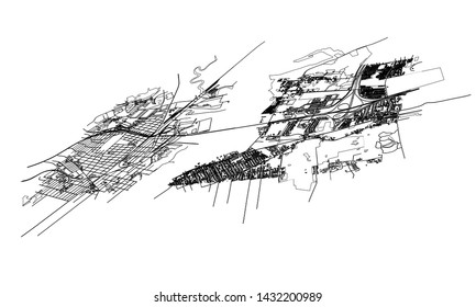 Outline city concept vector. Wire-frame style. The layers of visible and invisible lines. 3D illustration