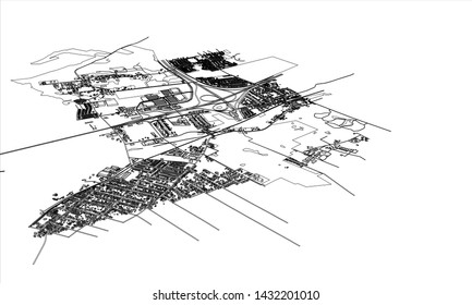 Outline city concept vector. Wire-frame style. The layers of visible and invisible lines. 3D illustration