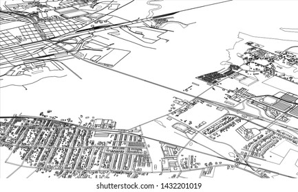 Outline city concept vector. Wire-frame style. The layers of visible and invisible lines. 3D illustration