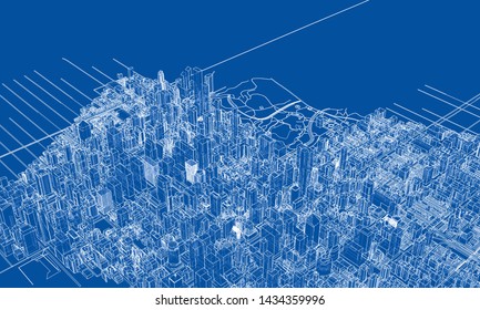 Outline city concept vector. Wire-frame style. The layers of visible and invisible lines. 3D illustration