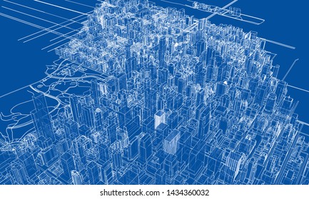 Outline city concept vector. Wire-frame style. The layers of visible and invisible lines. 3D illustration