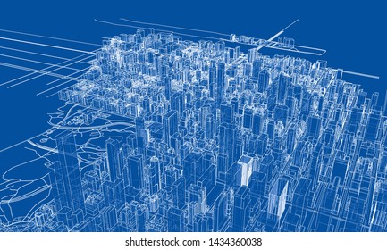 Outline city concept vector. Wire-frame style. The layers of visible and invisible lines. 3D illustration