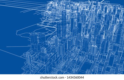 Outline city concept vector. Wire-frame style. The layers of visible and invisible lines. 3D illustration