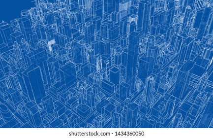 Outline city concept vector. Wire-frame style. The layers of visible and invisible lines. 3D illustration