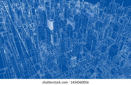 Outline city concept vector. Wire-frame style. The layers of visible and invisible lines. 3D illustration