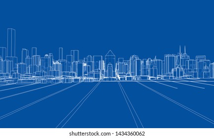 Outline city concept vector. Wire-frame style. The layers of visible and invisible lines. 3D illustration