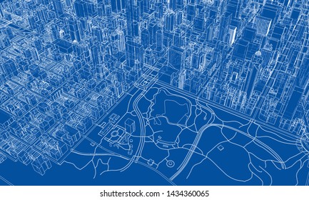 Outline city concept vector. Wire-frame style. The layers of visible and invisible lines. 3D illustration