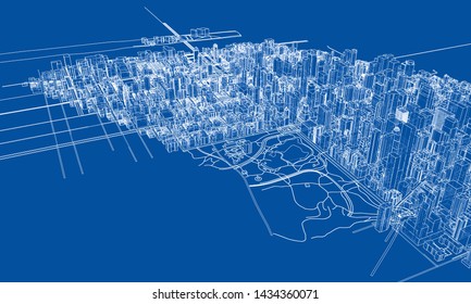 Outline city concept vector. Wire-frame style. The layers of visible and invisible lines. 3D illustration