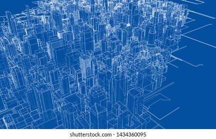 Outline city concept vector. Wire-frame style. The layers of visible and invisible lines. 3D illustration