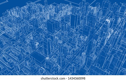 Outline city concept vector. Wire-frame style. The layers of visible and invisible lines. 3D illustration