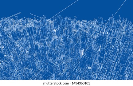 Outline city concept vector. Wire-frame style. The layers of visible and invisible lines. 3D illustration