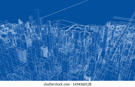 Outline city concept vector. Wire-frame style. The layers of visible and invisible lines. 3D illustration