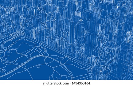 Outline city concept vector. Wire-frame style. The layers of visible and invisible lines. 3D illustration