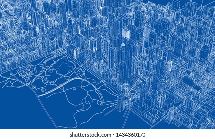 Outline city concept vector. Wire-frame style. The layers of visible and invisible lines. 3D illustration