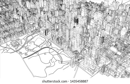 Outline city concept vector. Wire-frame style. The layers of visible and invisible lines. 3D illustration