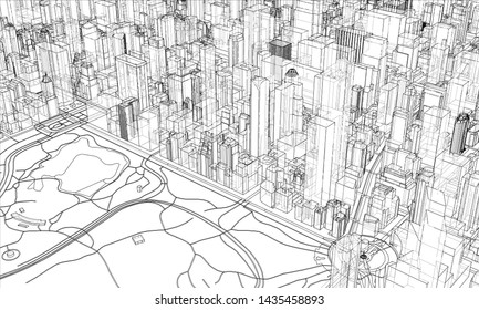 Outline city concept vector. Wire-frame style. The layers of visible and invisible lines. 3D illustration