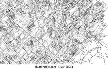 Outline city concept vector. Wire-frame style. The layers of visible and invisible lines. 3D illustration