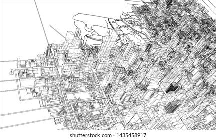 Outline city concept vector. Wire-frame style. The layers of visible and invisible lines. 3D illustration