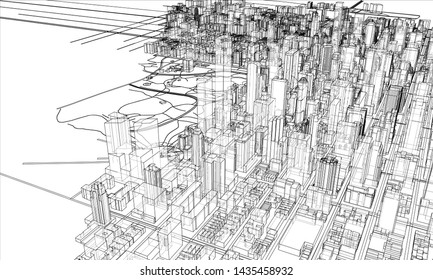 Outline city concept vector. Wire-frame style. The layers of visible and invisible lines. 3D illustration