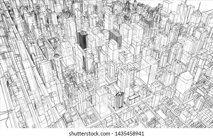 Outline city concept vector. Wire-frame style. The layers of visible and invisible lines. 3D illustration