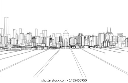 Outline city concept vector. Wire-frame style. The layers of visible and invisible lines. 3D illustration