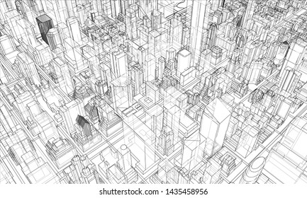 Outline city concept vector. Wire-frame style. The layers of visible and invisible lines. 3D illustration