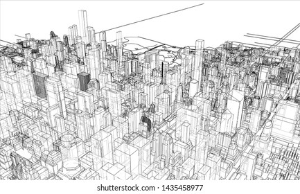Outline city concept vector. Wire-frame style. The layers of visible and invisible lines. 3D illustration