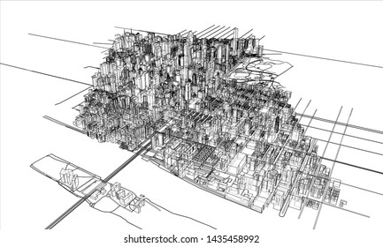 Outline city concept vector. Wire-frame style. The layers of visible and invisible lines. 3D illustration