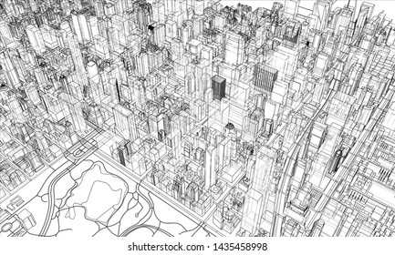 Outline city concept vector. Wire-frame style. The layers of visible and invisible lines. 3D illustration