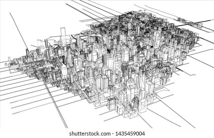Outline city concept vector. Wire-frame style. The layers of visible and invisible lines. 3D illustration