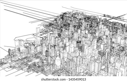 Outline city concept vector. Wire-frame style. The layers of visible and invisible lines. 3D illustration