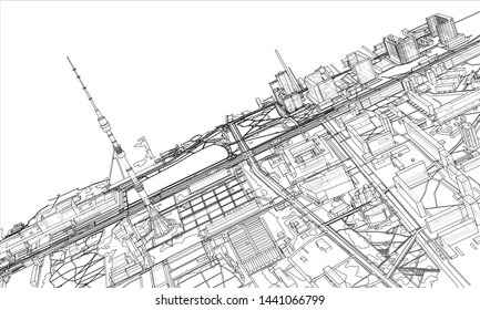 Outline city concept vector. Wire-frame style. The layers of visible and invisible lines. 3D illustration
