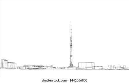 Outline city concept vector. Wire-frame style. The layers of visible and invisible lines. 3D illustration