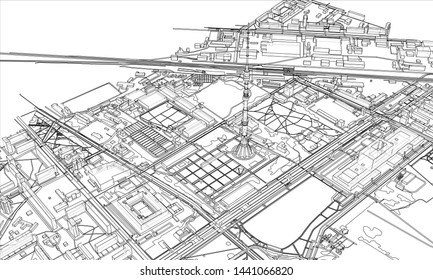 Outline city concept vector. Wire-frame style. The layers of visible and invisible lines. 3D illustration