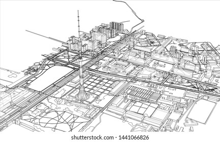 Outline city concept vector. Wire-frame style. The layers of visible and invisible lines. 3D illustration