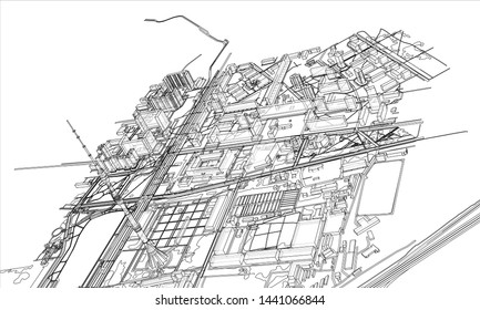 Outline city concept vector. Wire-frame style. The layers of visible and invisible lines. 3D illustration