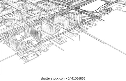 Outline city concept vector. Wire-frame style. The layers of visible and invisible lines. 3D illustration
