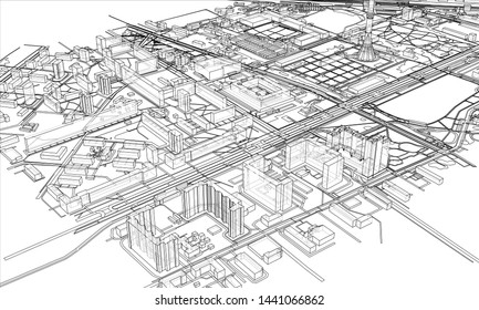 Outline city concept vector. Wire-frame style. The layers of visible and invisible lines. 3D illustration