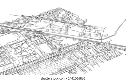 Outline city concept vector. Wire-frame style. The layers of visible and invisible lines. 3D illustration
