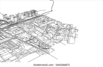 Outline city concept vector. Wire-frame style. The layers of visible and invisible lines. 3D illustration