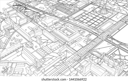 Outline city concept vector. Wire-frame style. The layers of visible and invisible lines. 3D illustration