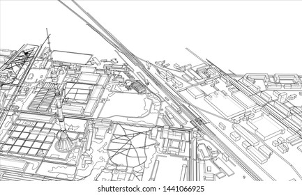Outline city concept vector. Wire-frame style. The layers of visible and invisible lines. 3D illustration