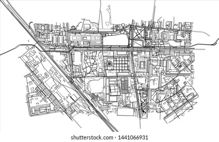 Outline city concept vector. Wire-frame style. The layers of visible and invisible lines. 3D illustration