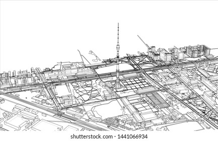 Outline city concept vector. Wire-frame style. The layers of visible and invisible lines. 3D illustration